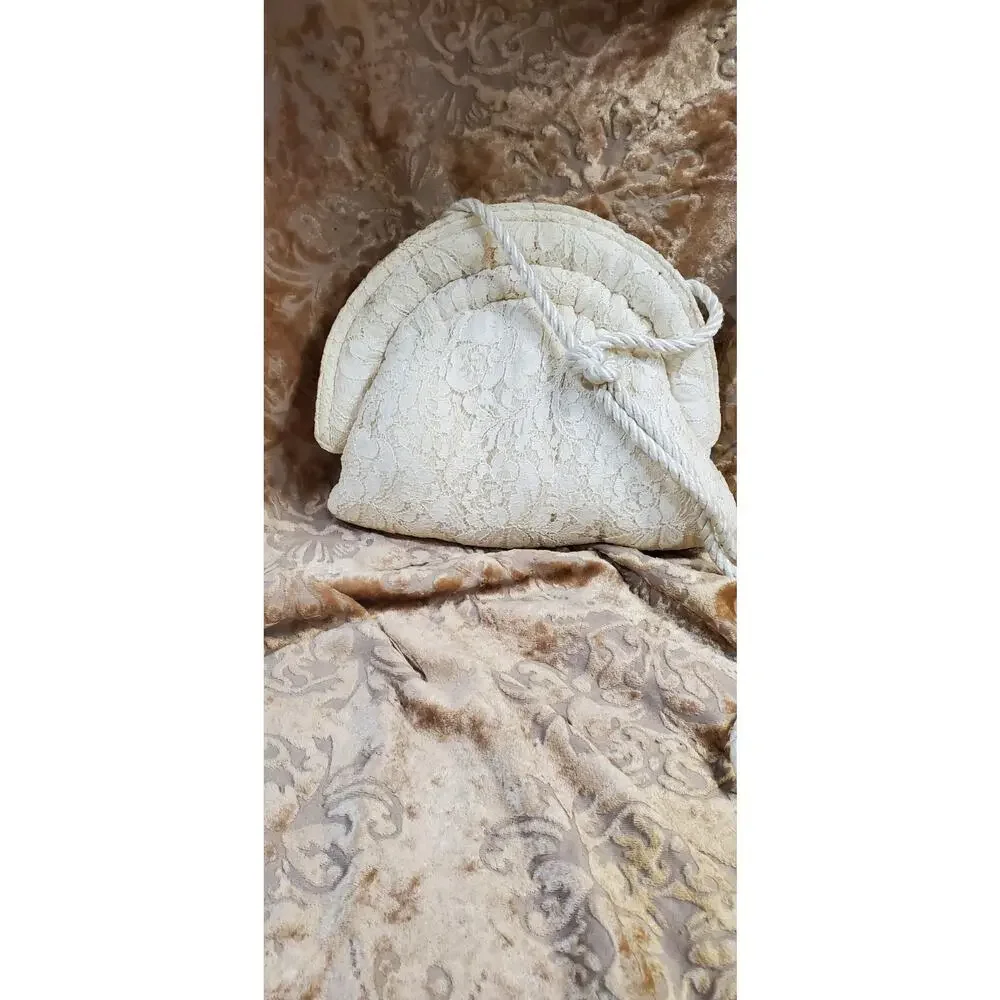 Vintage 80s Marie Palmese Lace Floral Satin Rhinestone Bag Cream Dressy Bridal